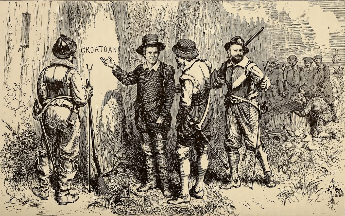 Vintage engraved scene of colonists discovering the Croatoan inscription, with two modern faces composited into the illustration.